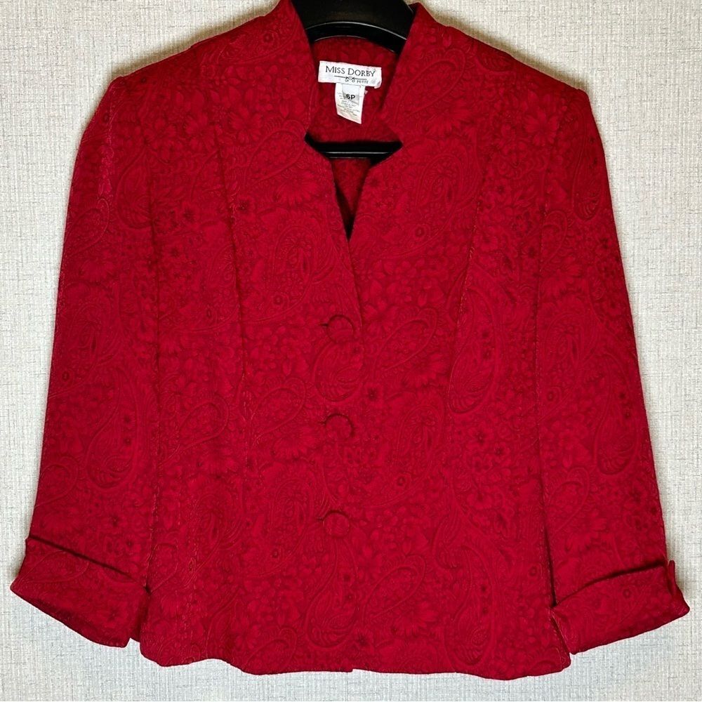 Red Blazer Christmas Jacket Size 6 Petite Button Closure Quilted Paisley Design
